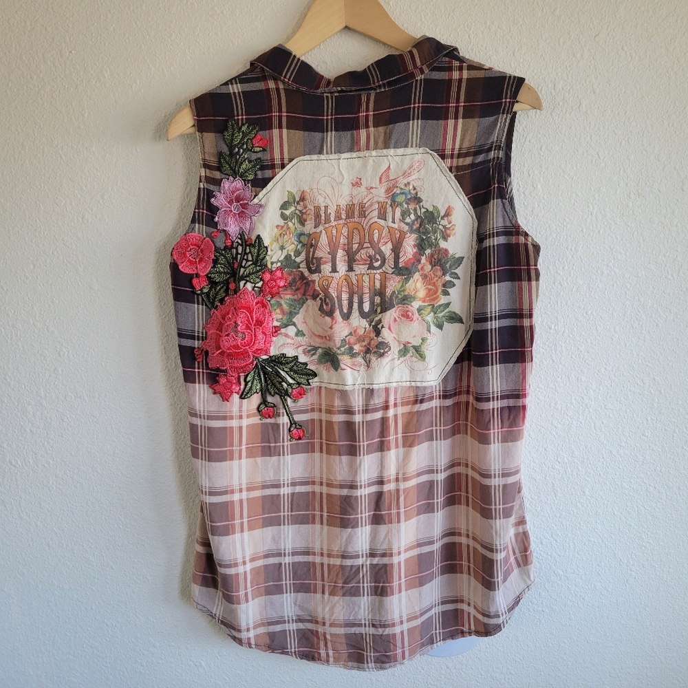 NWOT Boho Jane Plaid Ombre Bleached Dye Button Down Sleeveless Shirt Size S